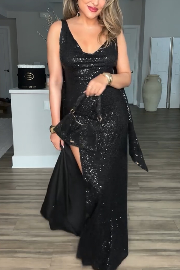 All The Sparkle Sequin Cowl Neck Backless Slit Stretch Maxi Dress-consonak