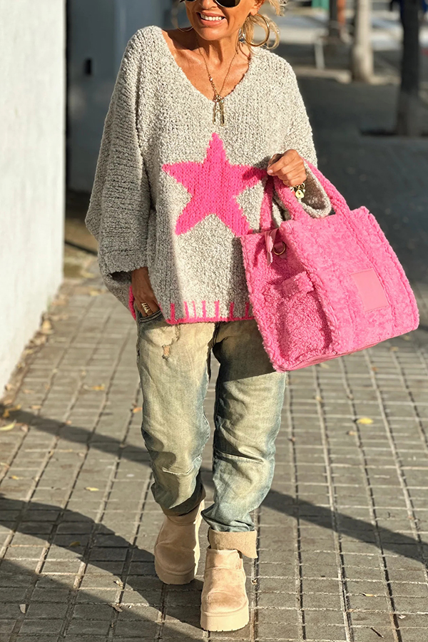Warm Winter Day Texture Knit Star Pattern Contrast Color Loose Sweater-consonak