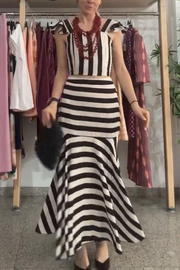 Rosha Striped Square Neck Ruffles Sleeve Smocked Top and High Rise Flare Skirt Set