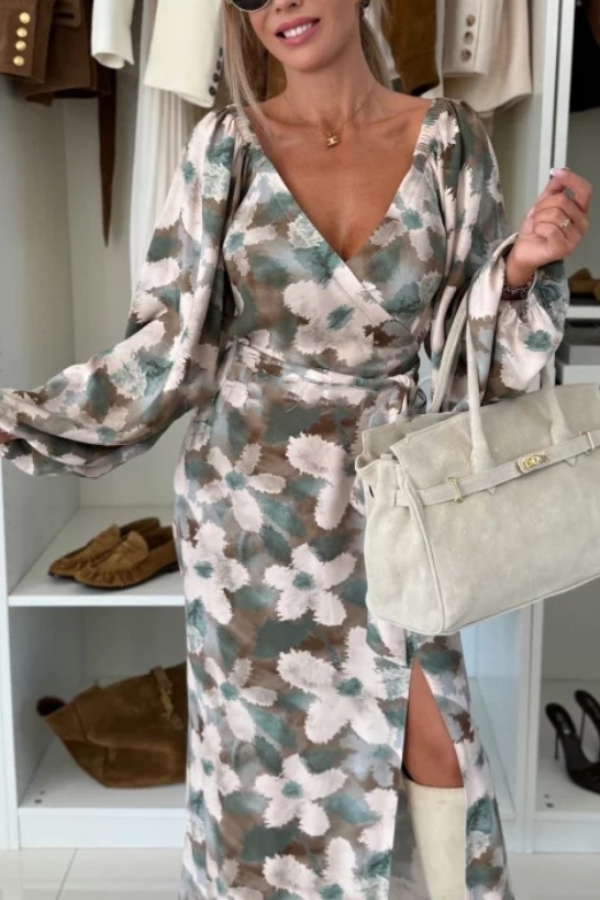 Unique Printed V-neck Long-sleeved Waist Tie Slit Maxi Dress-consonak