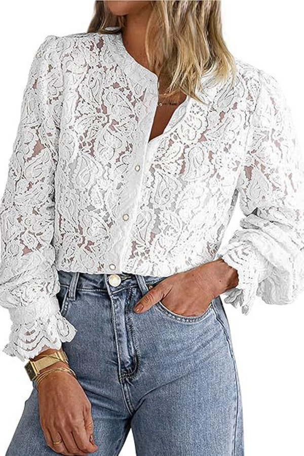 Fashionable Lace Long-sleeved Casual Button-down Shirt-consonak