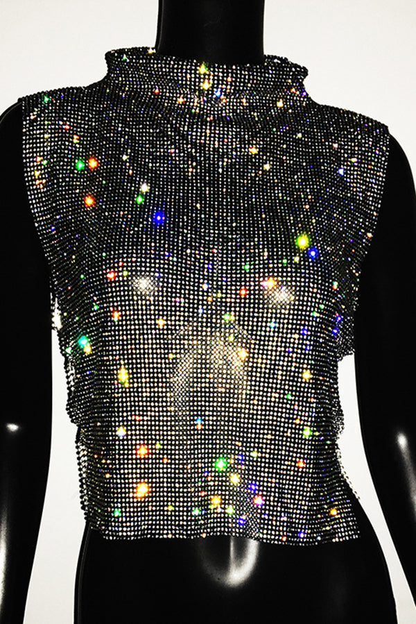 Sexy High-neck Rhinestone Metallic Top-consonak