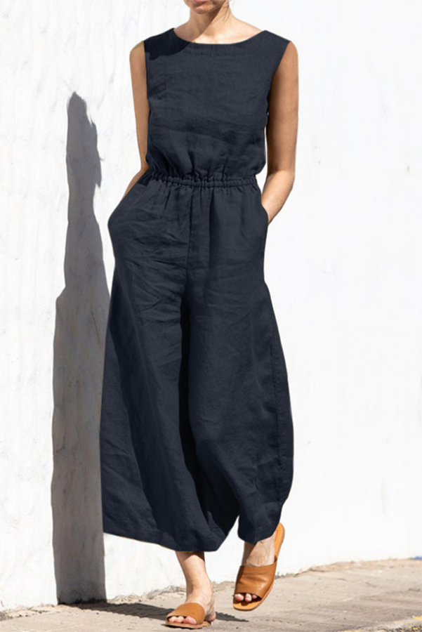 Fern Linen Blend Pocketed Button Back Elastic Waist Jumpsuit-consonak