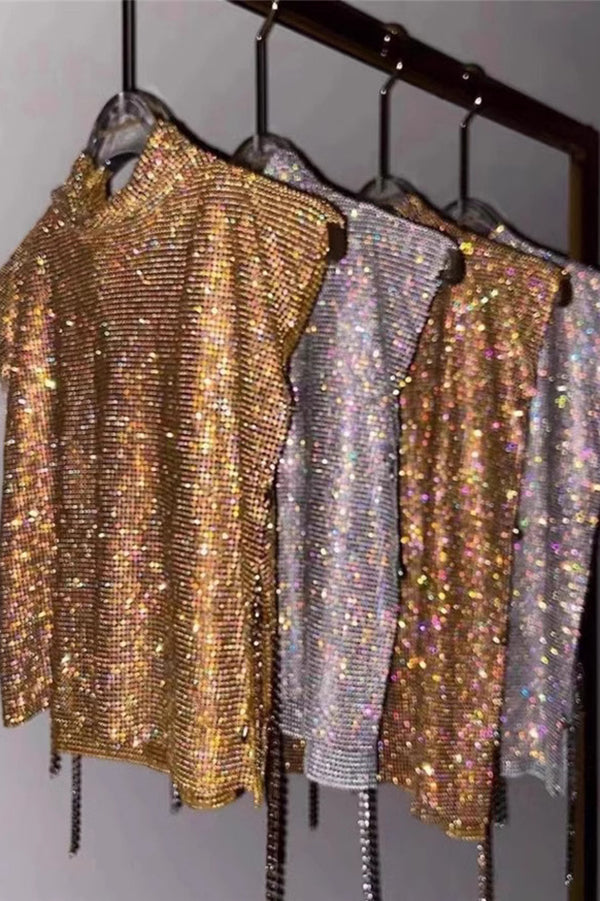 Sexy High-neck Rhinestone Metallic Top-consonak