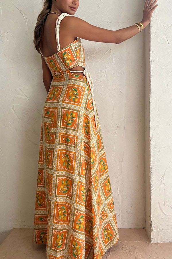 Orange Summer Printed Linen Blend Cutout Tie-up Design Maxi Dress-consonak