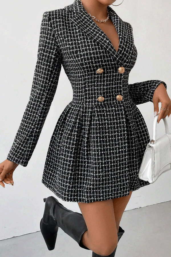 Plaid Print Lapel Long Sleeve Office Mini Dress-consonak