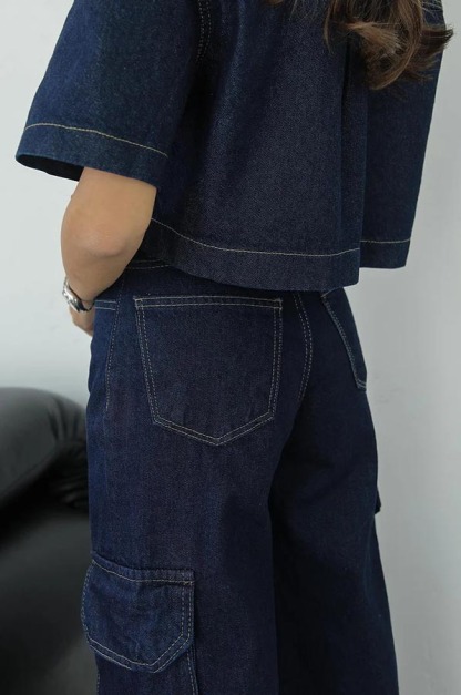 Free Breeze Denim Short Sleeve Pocket Croped Shirt Top-consonak