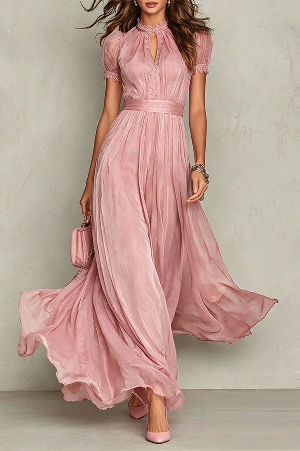 Elegant Lace Trim Keyhole Puff Sleeve Flowing Chiffon Maxi Dress-Consonak
