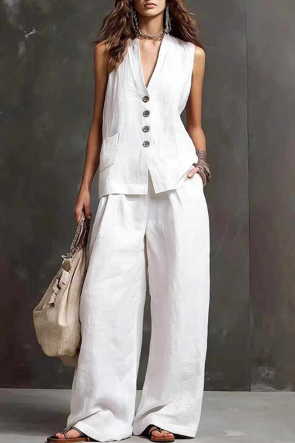 Linen Blend V-neck Sleeveless Button-down Vest and Casual Elastic Waist Pocket Wide-leg Pants Set-Consonak