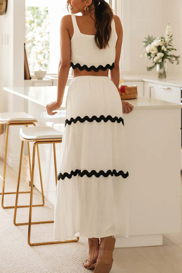 Napa Ric Rac Trims Sleeveless Crop Tank and Drawstring Elastic Waist Pocket Maxi Skirt-consonak