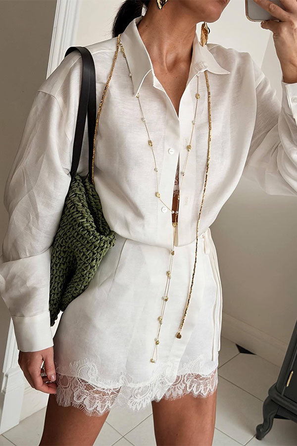 Linen Blend Shirt and Lace-trimmed Shorts Set-Consonak