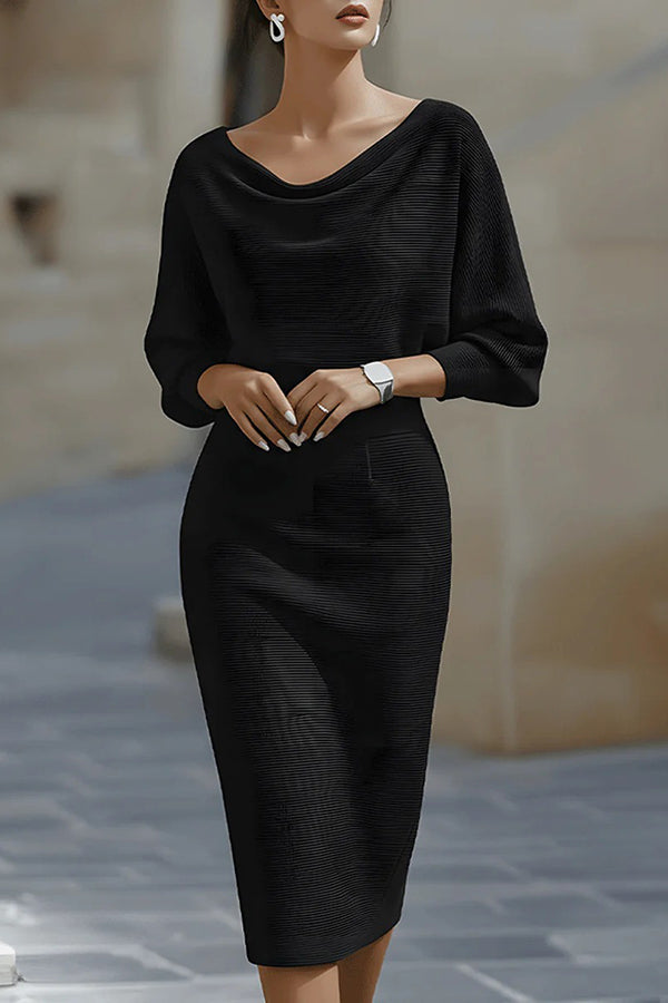 Solid Color Batwing Sleeve Fitted Waist Elegant Midi Dress-consonak