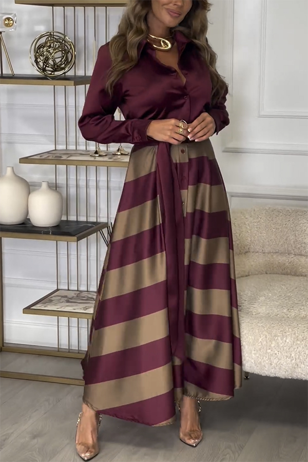 Lindsey Satin Colorblock Contrast Long Sleeve Belted Shirt Maxi Dress-consonak