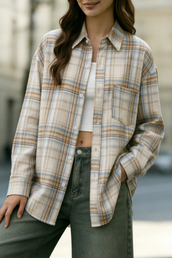 Stylish Plaid Collared Long-sleeved Pockets Casual Loose Shirt