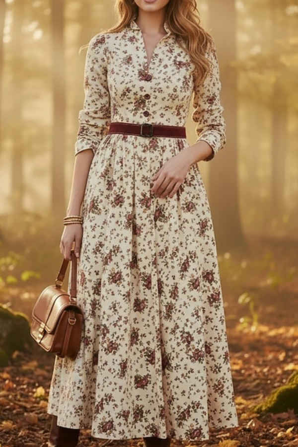 Floral Print V-Neck Long Sleeve Casual Pocket Vacation Maxi Dress