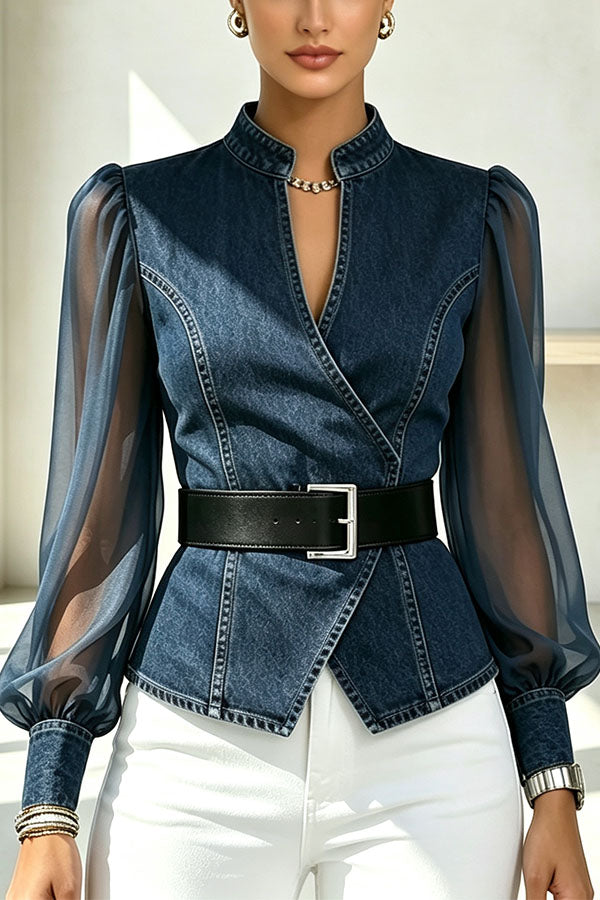 Faux Denim & Sheer Tulle Sculpted Crossover Blouse-Consonak