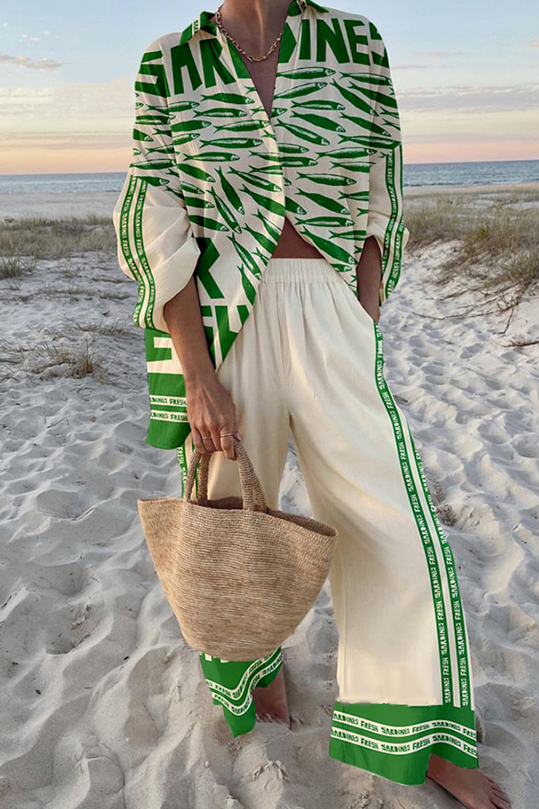 Unique Ocean Print Oversized Shirt and Elastic Waist Pocket Pants Set-consonak