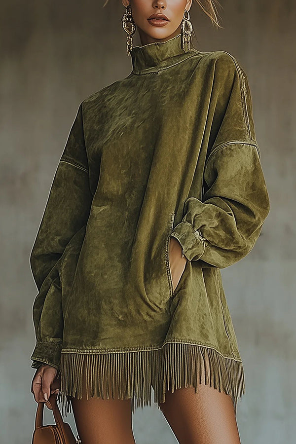 Stylish Suede High-neck Long-sleeved Loose-fitting Pockets Tassel Mini Dress-consonak