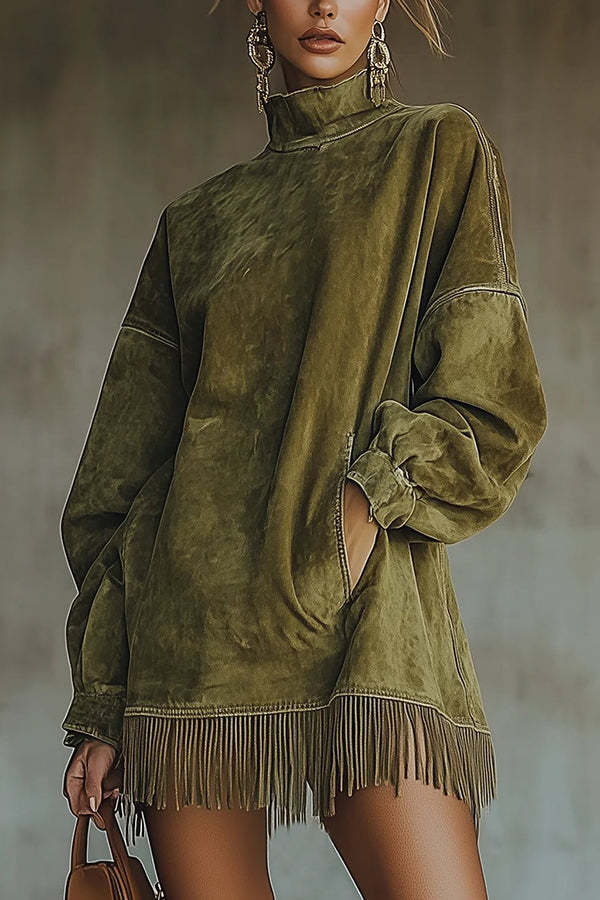 Stylish Suede High-neck Long-sleeved Loose-fitting Pockets Tassel Mini Dress-consonak