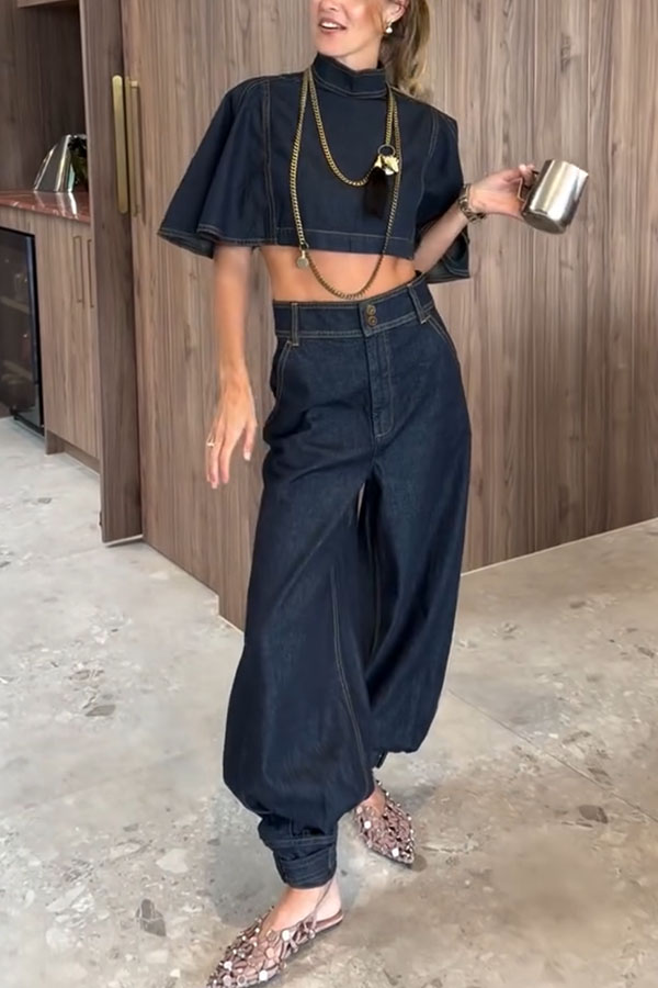 Luna Denim High Rise Pocket Adjustable Buckle Ankle Strap Harem Pants | Consonak