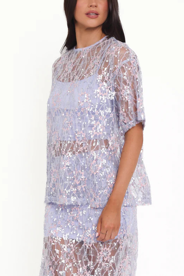 Catch The Light Sheer Sequin Lace Short Sleeve Loose Tee Top-consonak