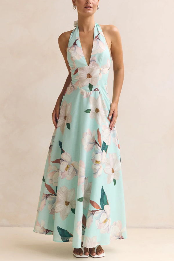 Floral Print V-neck Backless Tie-up Fitted Waist Elegant Maxi Dress-consonak