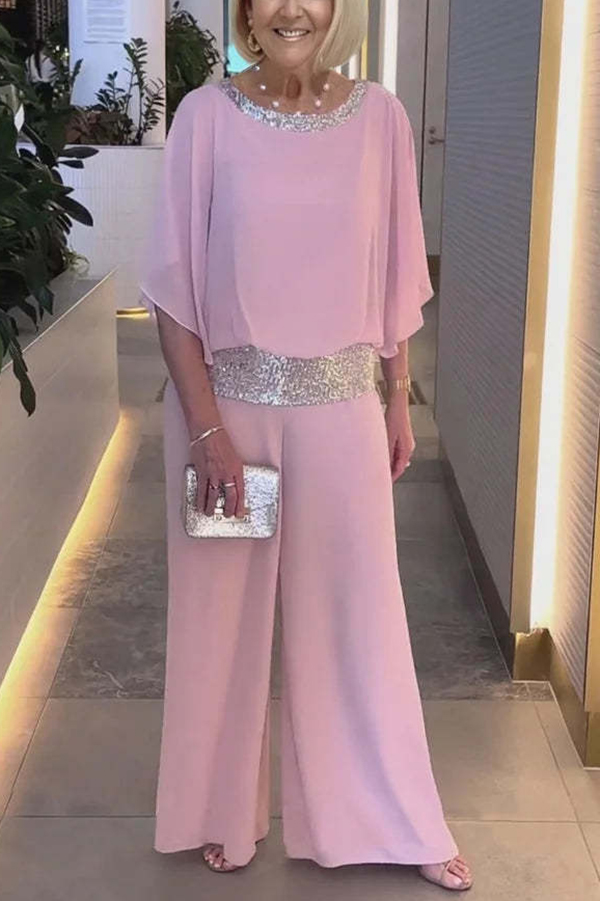 Stylish Sequin Patchwork Dolman Sleeve Top and Elastic Waist Wide Leg Pants Set-consonak