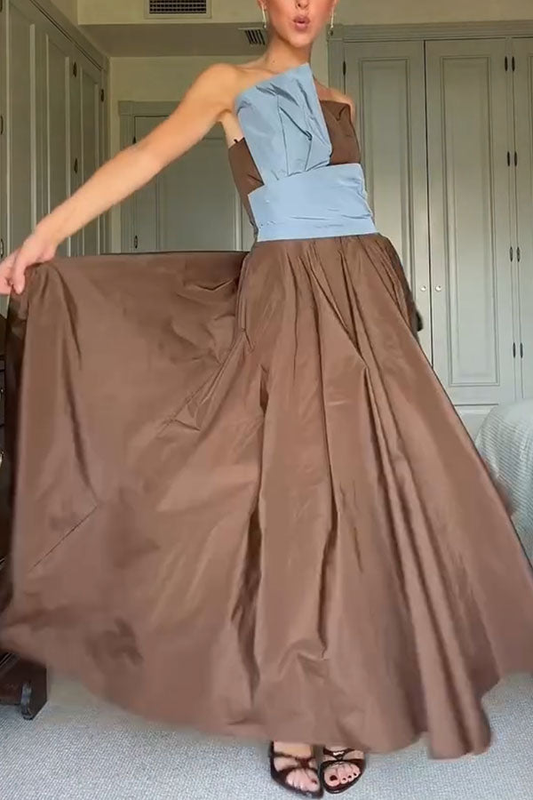 Modern Structured Color Block Off Shoulder Pocket Umbrella Hem Maxi Dress