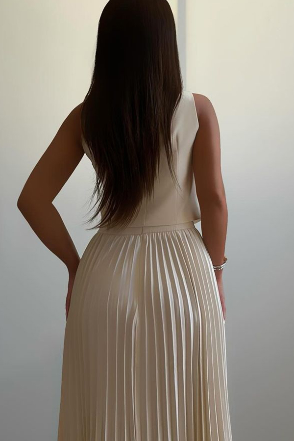 Stylish Rosette Sleeveless Tank Top and Pleated Maxi Skirt Set-consonak