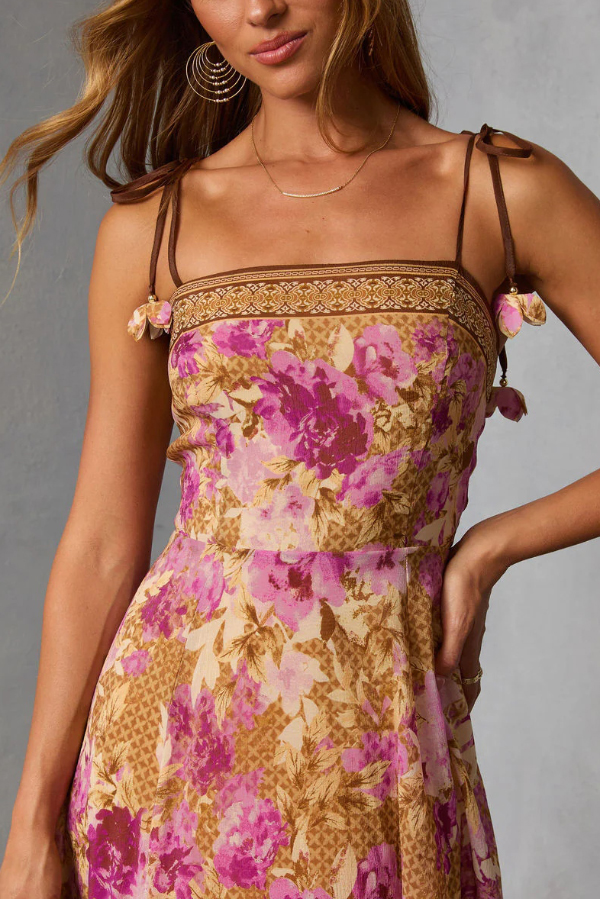 Fashionable Floral Print Square Neck Casual Vacation Maxi Dress