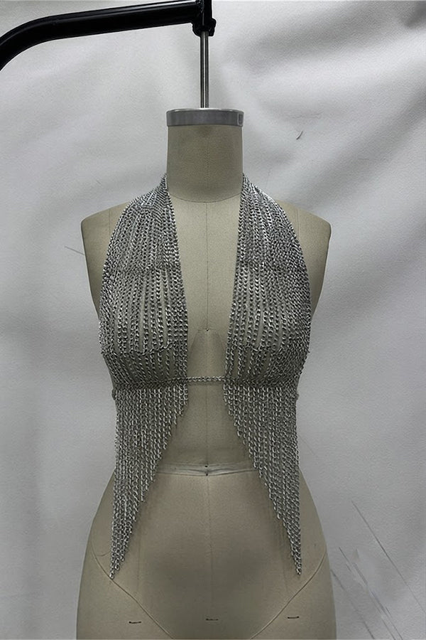 Silver Chainmail Tassel Halter Top Body Chain-Consonak