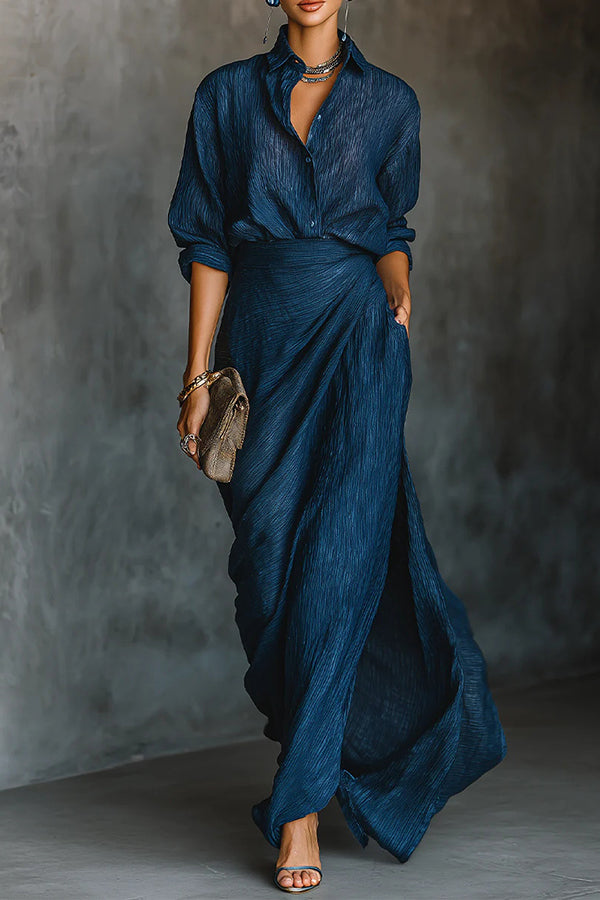 Solid Color Loose-fitting Collared Long-sleeved Shirt and Elegant Pleated Maxi Skirt Set-consonak