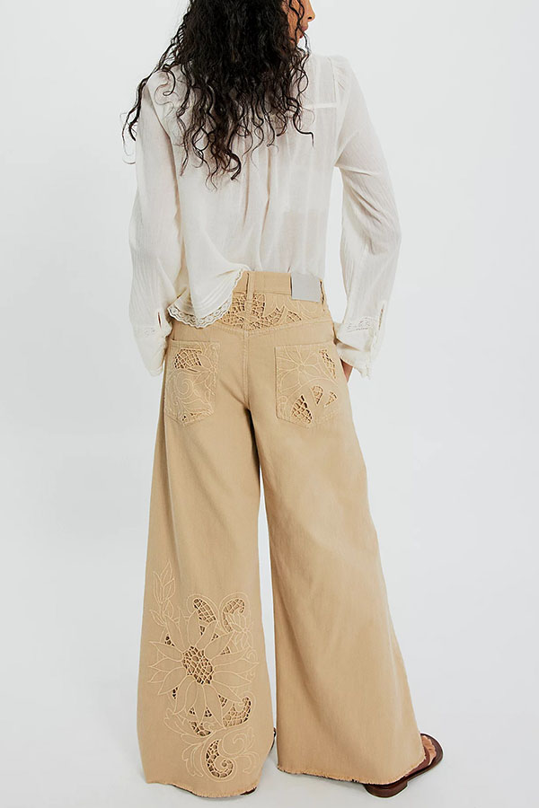 Battenburg Inspired Cutwork Detail Mid Rise Pocket Wide Leg Jeans