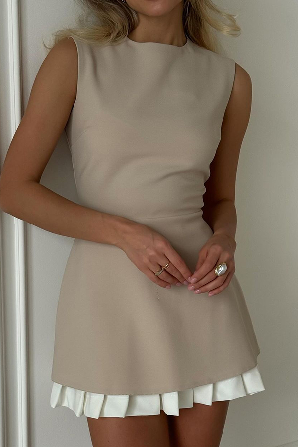 Stylish Round Neck Sleeveless Patchwork Pleated Hem Mini Dress-consonak