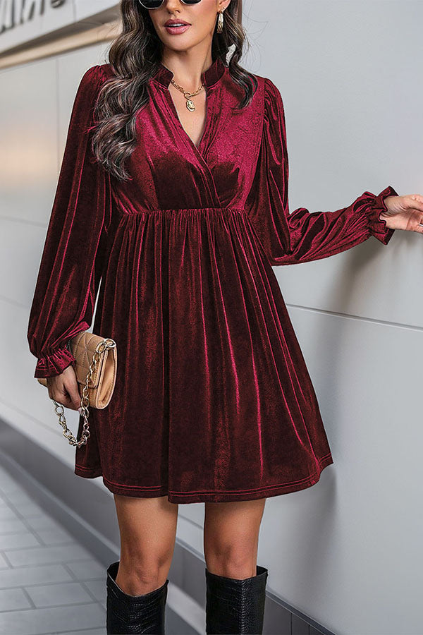Solid Color Velvet V-Neck Long Sleeve Loose Mini Dress-consonak