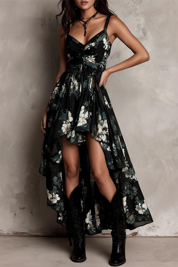 Midnight Wildflower High-Low Ruffle Floral Dress-Consonak