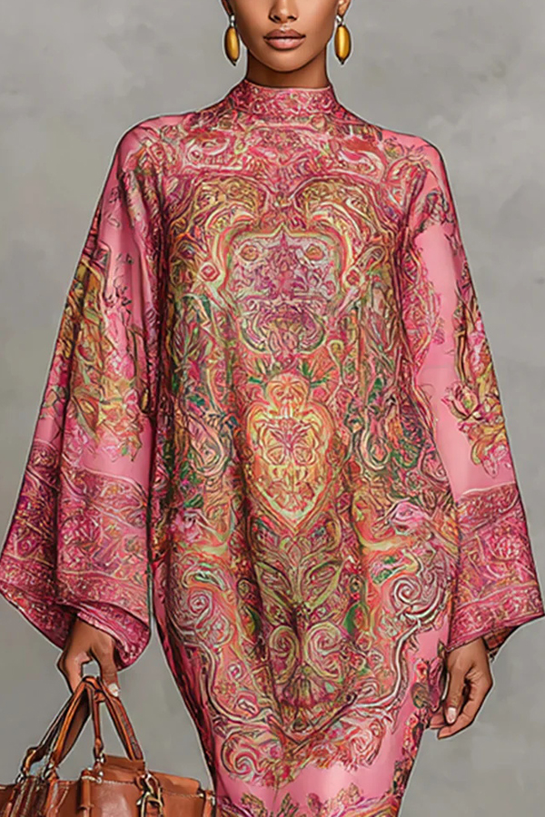 Retro Unique Print Casual Long-sleeved Loose Midi Dress-consonak