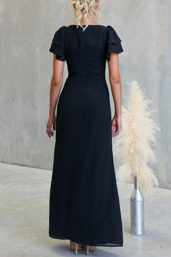 Midnight Charm Lace Detail Cowl Neck Bell Tiered Short Sleeve Maxi Dress