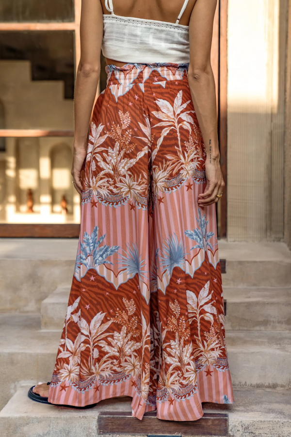 Unique Print Casual Elastic Waist Drawstring Pocket Wide-Leg Pants