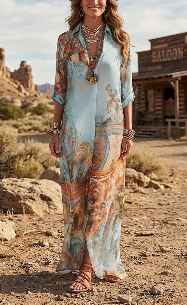 Boho Vintage Art Print Button Down Maxi Shirt Dress-Consonak