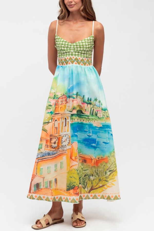 Unique Printed Spaghetti Strap Pleated Casual Maxi Dress-consonak