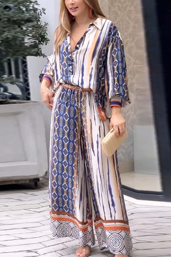 Unique Printed Long-sleeved Shirt Top and Elasticated Waist and Loose Pocket Pants Set-consonak
