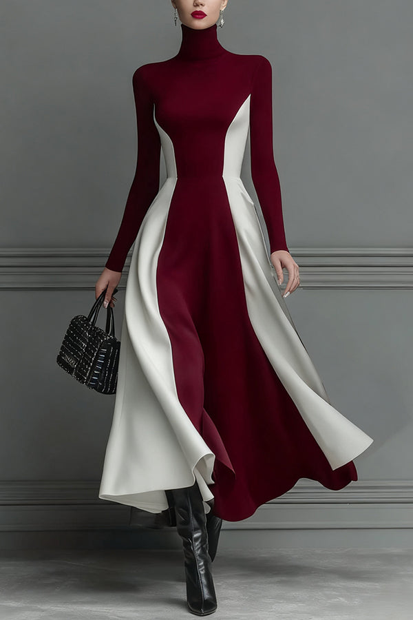 Stylish Color-blocked Turtleneck Long-sleeved Slim-fit Midi Dress-consonak