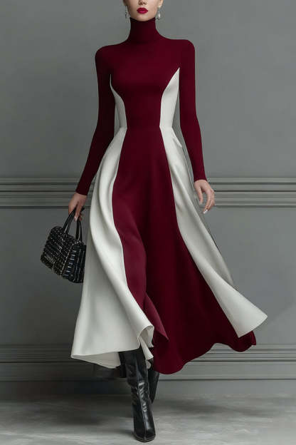 Stylish Color-blocked Turtleneck Long-sleeved Slim-fit Midi Dress-consonak
