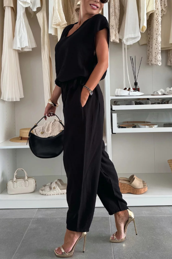 Linen Blend Solid Color V-neck Short-sleeved Top and Elastic Waist Pocket Bloomers Pants Set