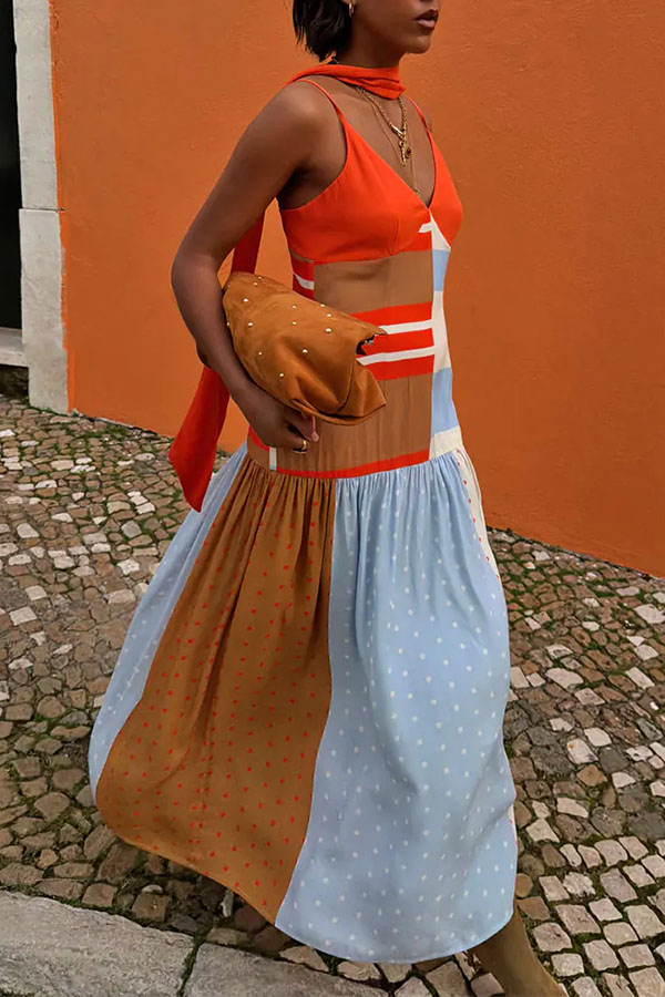 Vibrant Touch Color-blocked Polka Dot Print Slip Pleated Hem Maxi Dress-consonak