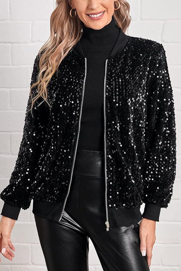 Fashionable Sequined Long-sleeved Zip-up Casual Jacket-consonak