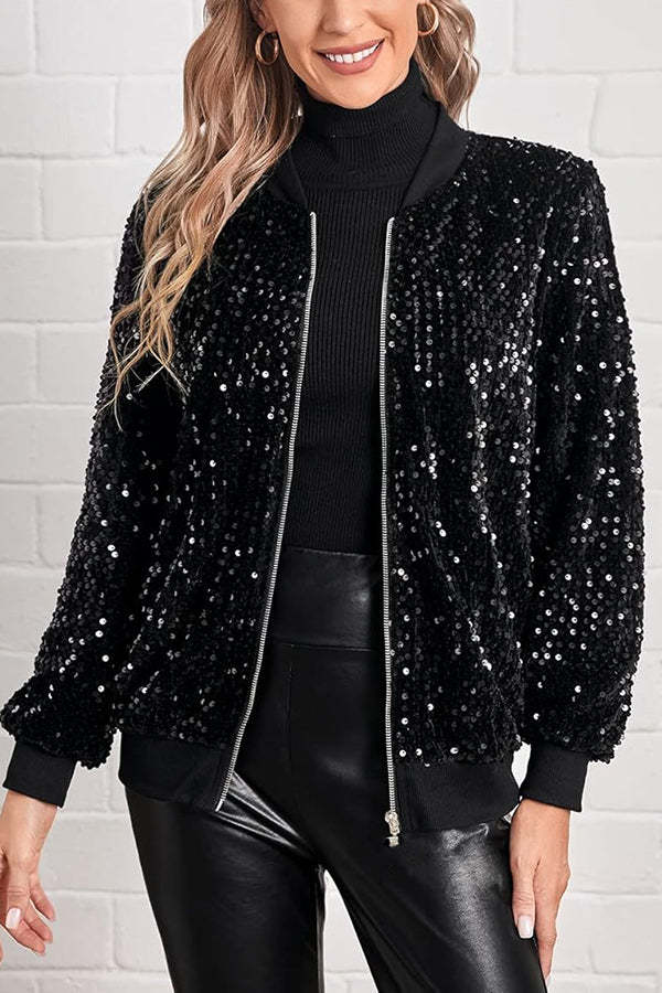 Fashionable Sequined Long-sleeved Zip-up Casual Jacket-consonak
