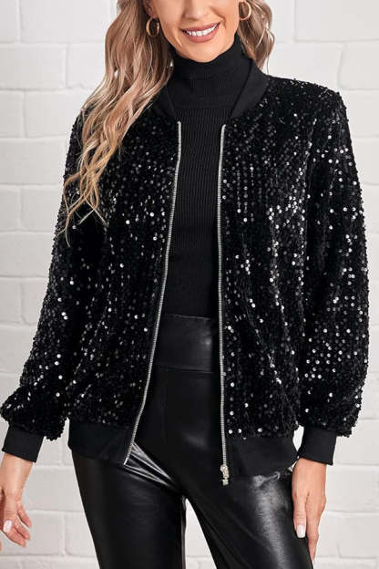 Fashionable Sequined Long-sleeved Zip-up Casual Jacket-consonak