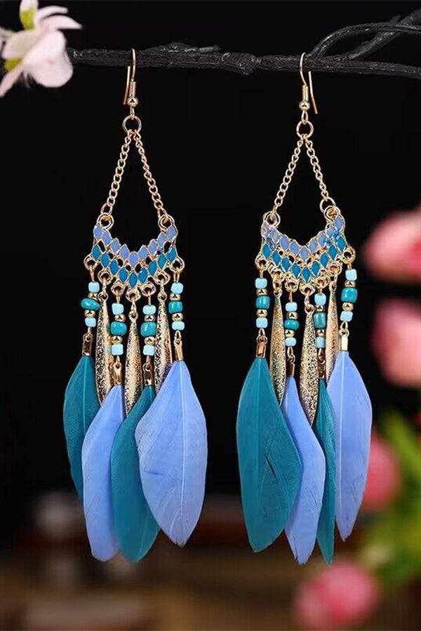Vintage chain tassel bohemian feather earrings-consonak